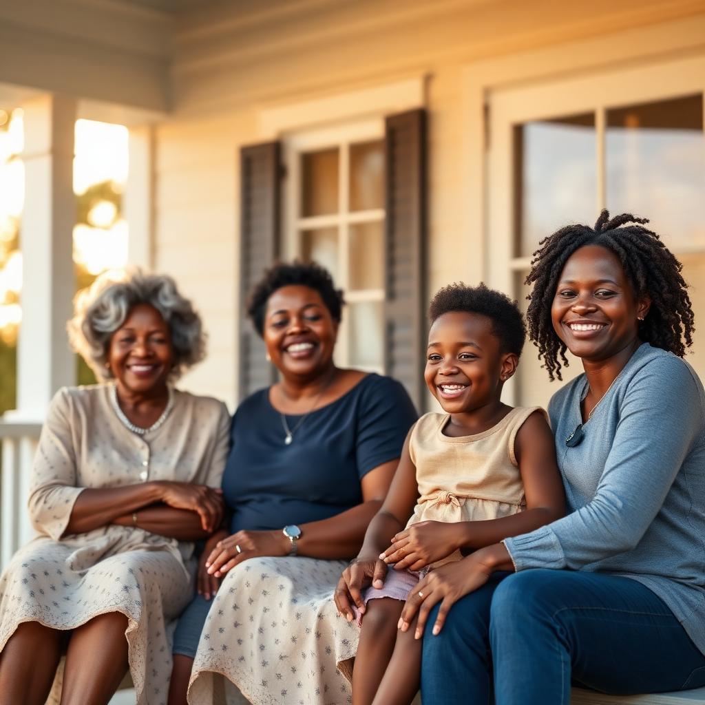 A southern multigenerational family sitting together on a sunlit porch